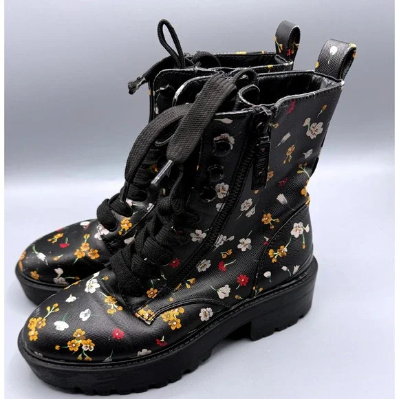 Guess Fearne Womens Black Floral Combat Boots Side Zip Lug Sole GWFEARNE Size 6M - Picture 1 of 15
